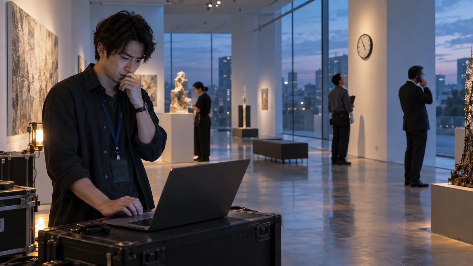 閉館後の美術館で、離れた関係者を前にリリース判断を求められず、ノートPCの操作が止まるエンジニア