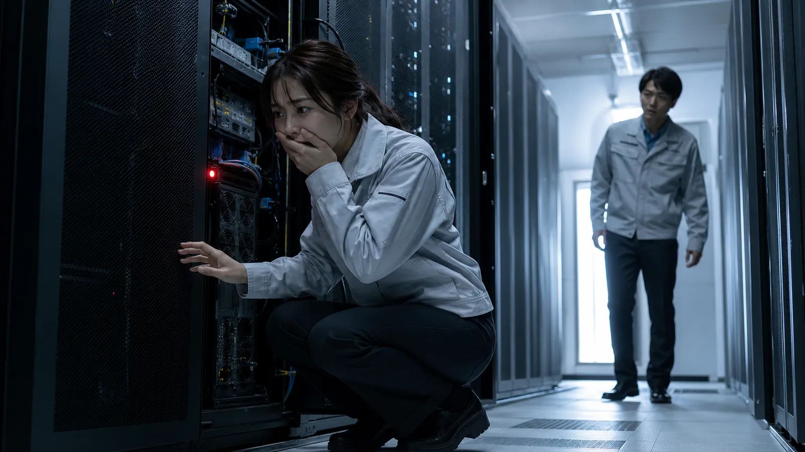 早朝のサーバールームで開いた保護パネルと赤い警告灯を見つけ、触ってほしくない設定まで変わったことに気づくエンジニアと同僚
