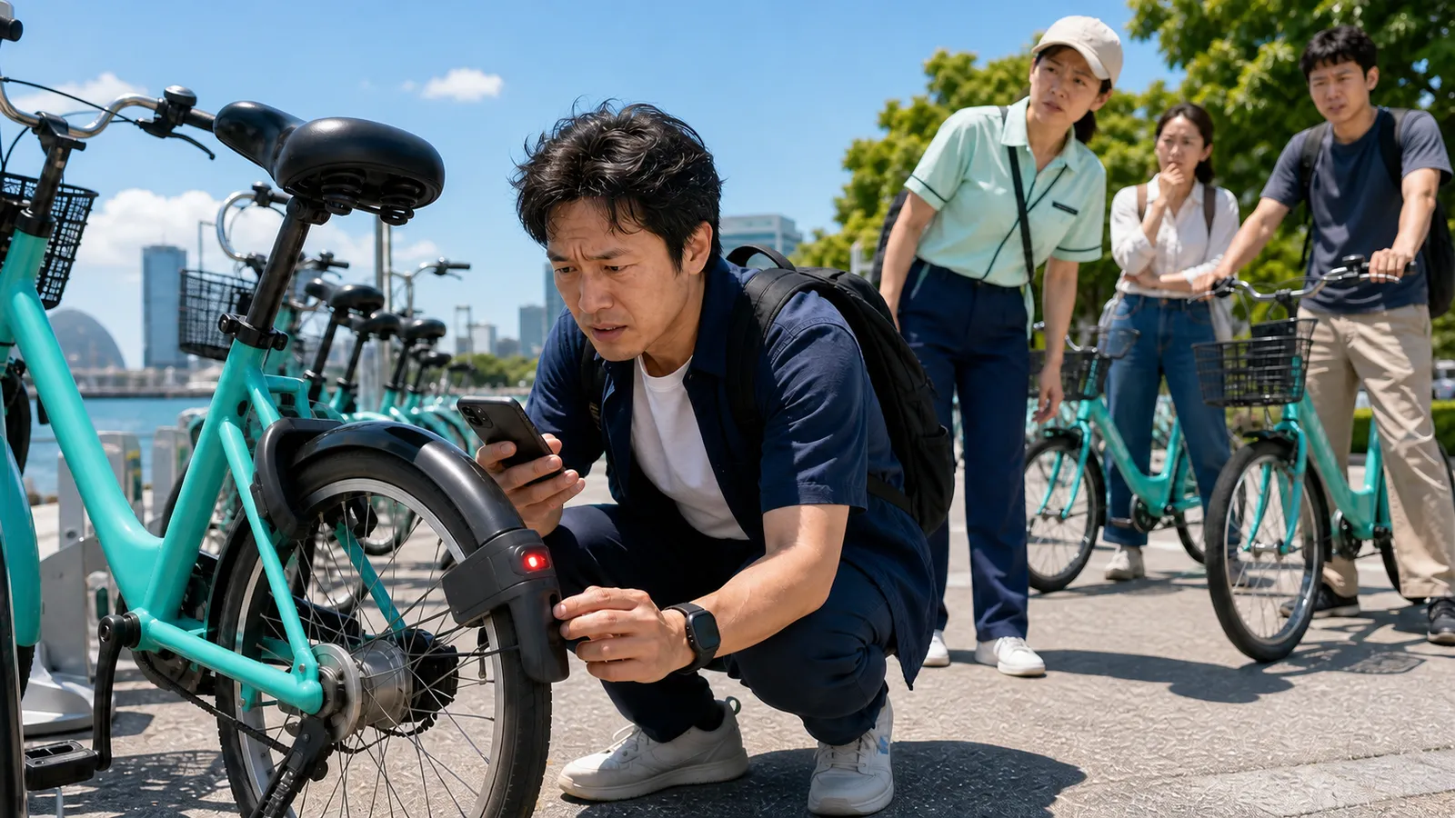 真昼の海沿いの貸し自転車ポートで、解錠できない自転車を前にスマートフォンを確認する開発者と、後ろで待つ利用者たち