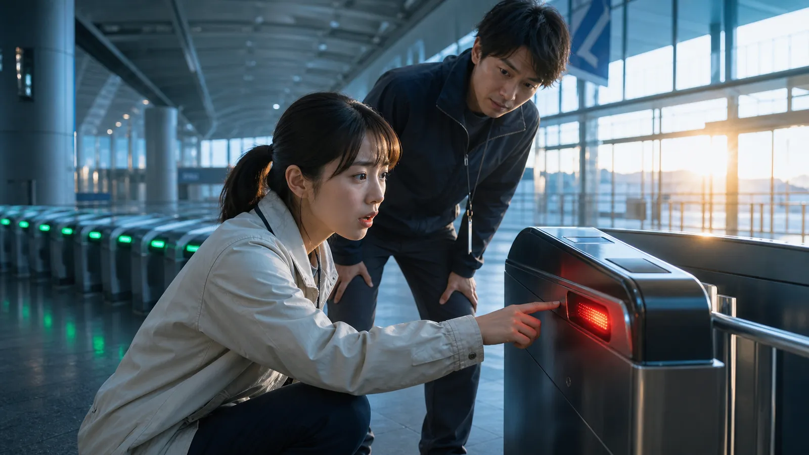 早朝のイベント会場で、背景の緑表示とは違って実機のゲートが赤く光ることに気づき、女性技術者と同僚が公開前の確認へ戻る場面