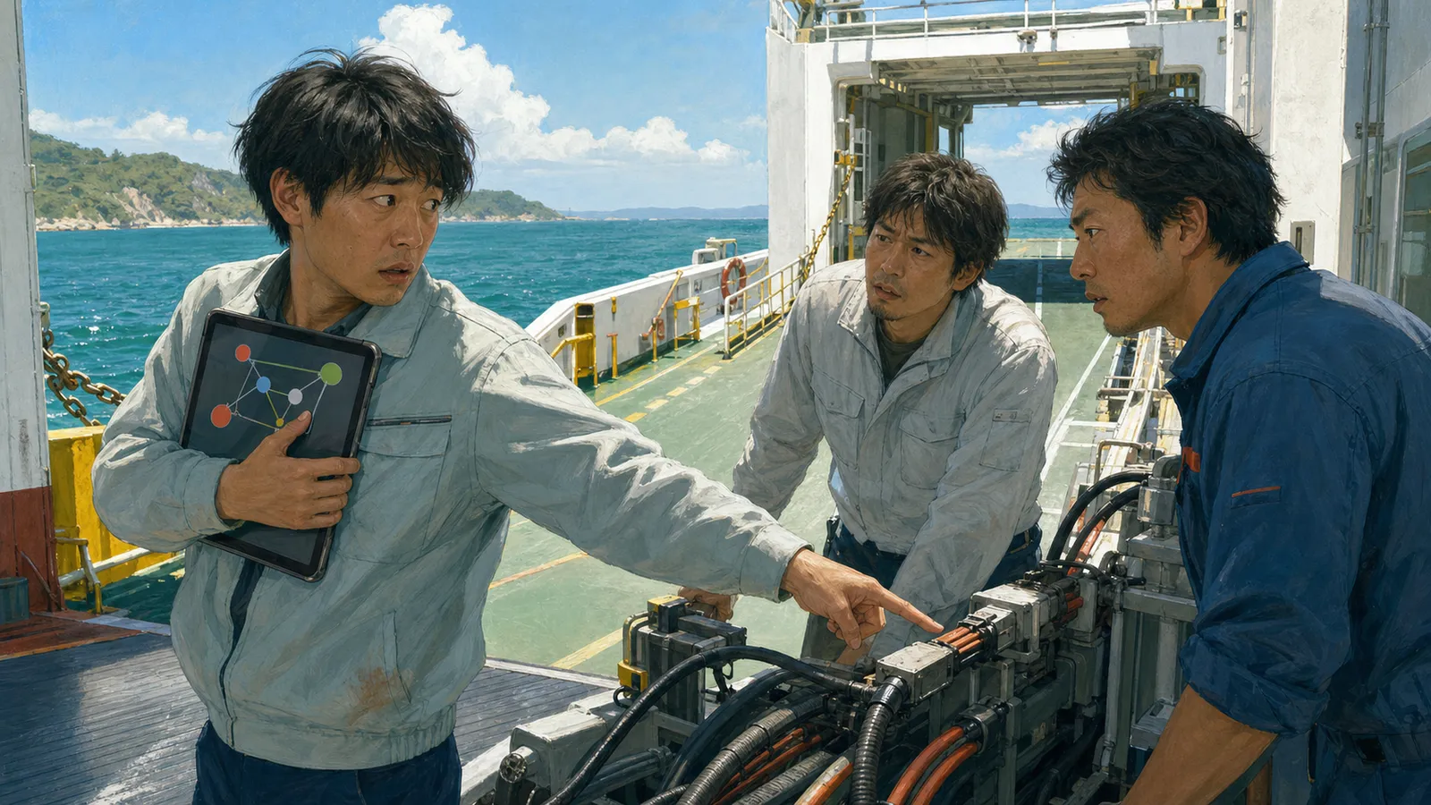 夏の屋外整備場で、タブレットだけに残した判断を説明できず立ち止まった技術者が、困惑する仲間へ配線の分岐と選んだ経路を示し始めるイラスト