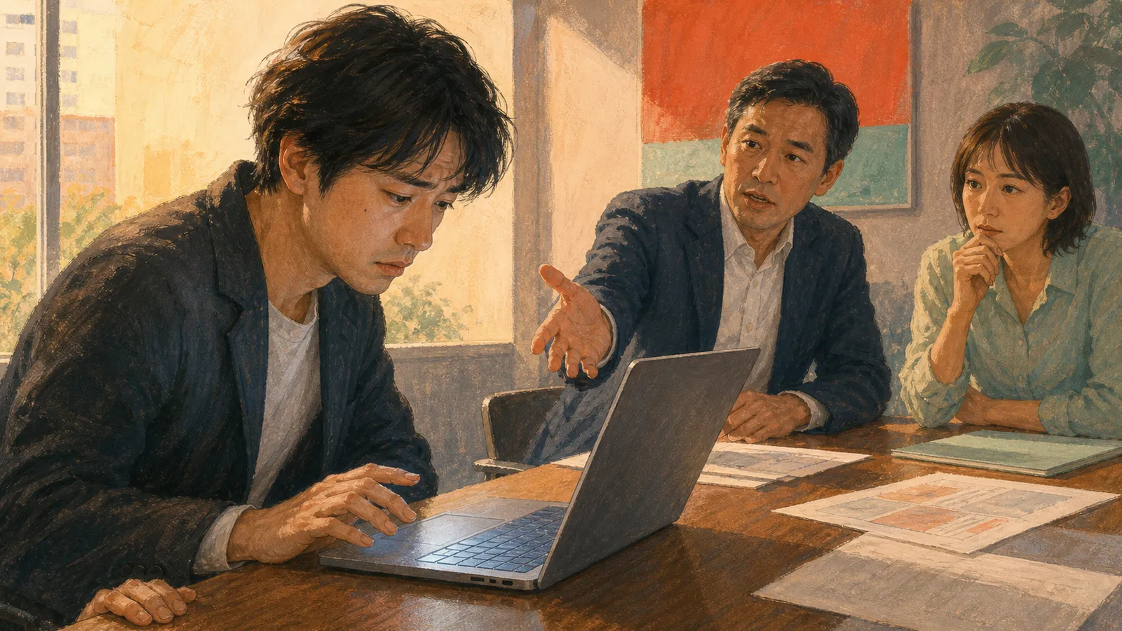 納品前の会議でAIへの資料入力を問われ、ノートPCの前で返答に詰まるエンジニア