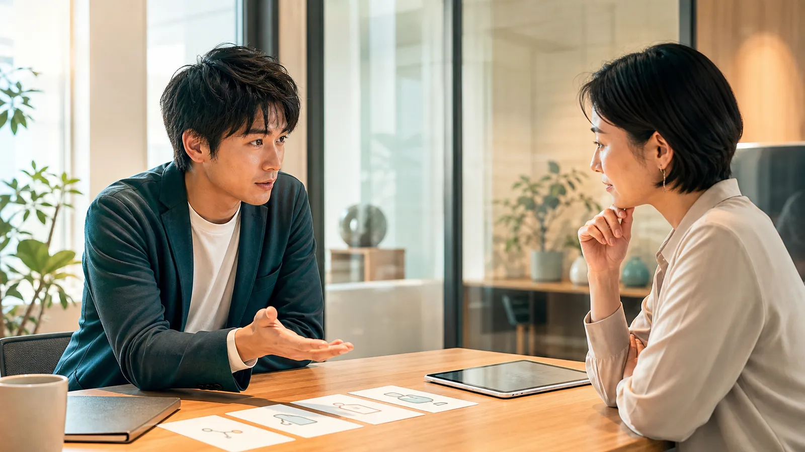 明るい会議室でAIを使った開発フローの説明を切り出す前に少し緊張しているエンジニアのイラスト