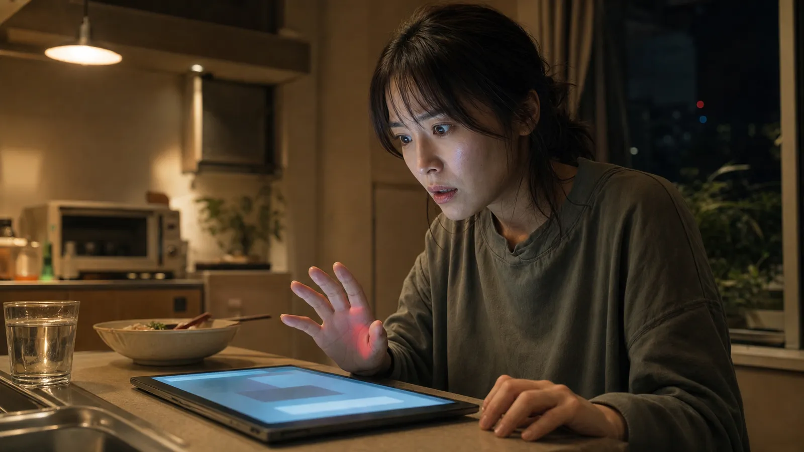 深夜の自宅キッチンで、障害対応中の技術者が顧客情報を含むログの送信直前に気づき、緊張した表情で手を止める場面