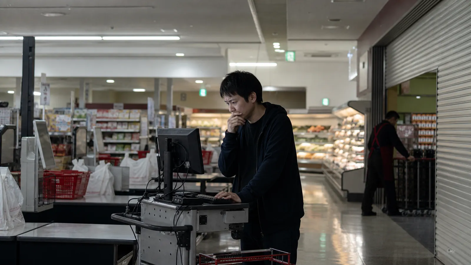 閉店後のスーパーマーケットで保守用端末を見つめ、AIが同じプロジェクトルールを外した修正をまた一人で直そうとして手が止まるエンジニア