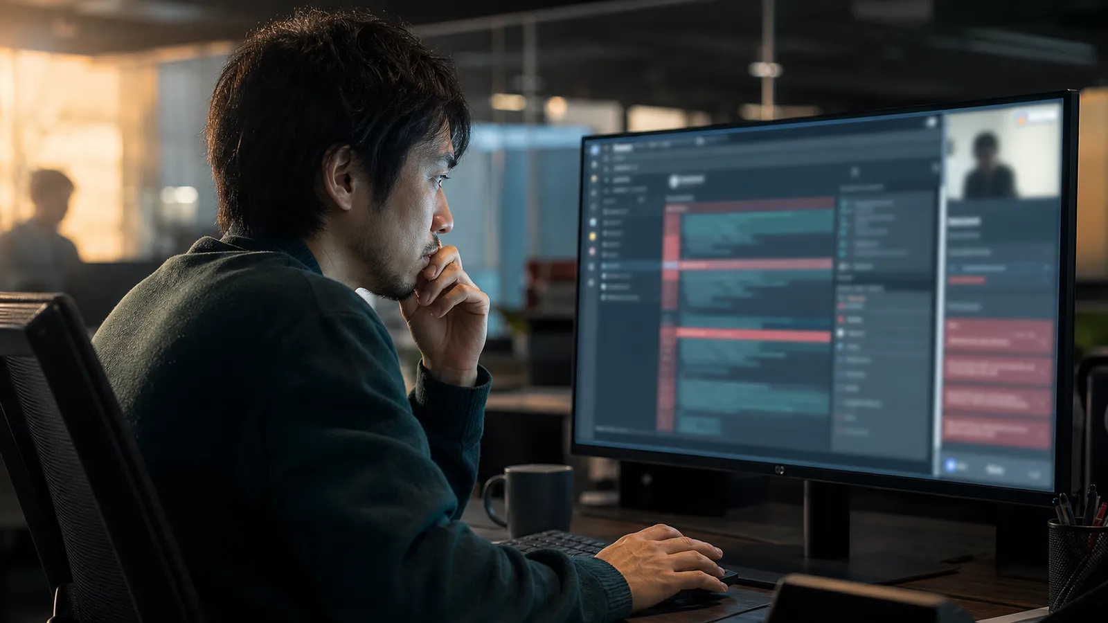 薄暗い開発フロアでAIが作った差分画面を前にレビュー依頼の説明を考えるエンジニアのイラスト