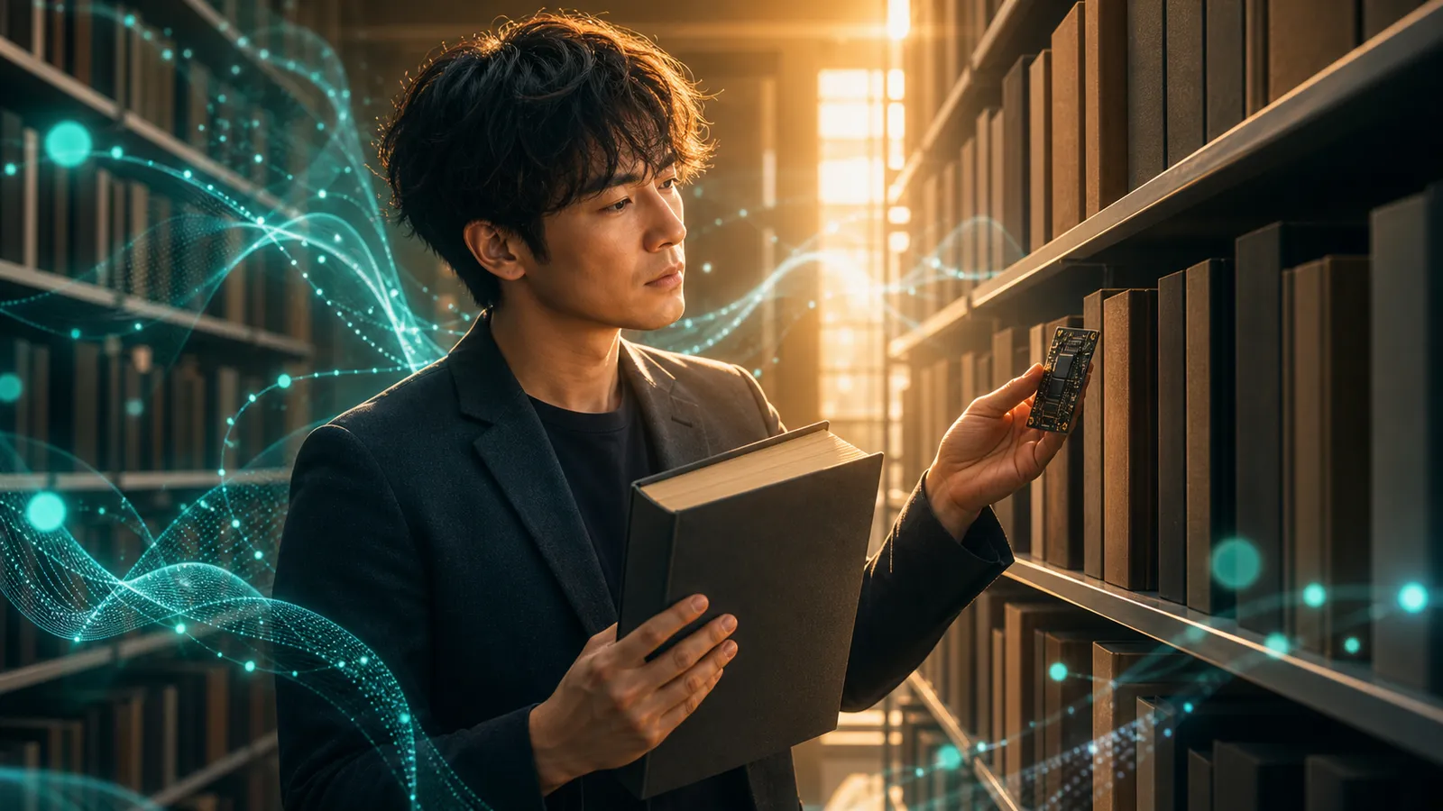 夕方の技術書架で抽象的なAIの光に囲まれながら基礎技術の本を選び取るエンジニアのイラスト