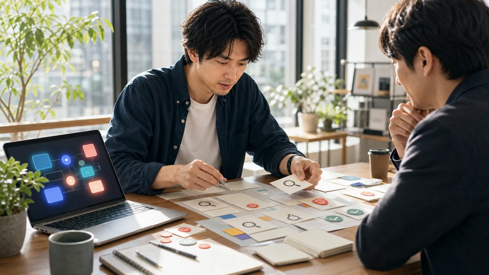 昼のレビュー室でAI出力を検証カードに分けながら価値を説明するエンジニアのイラスト