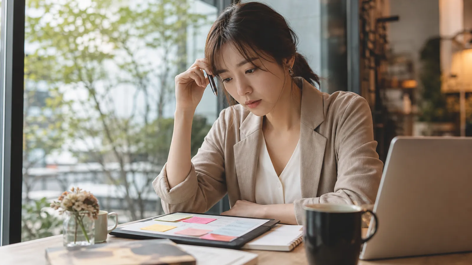 面談前のカフェで実績メモを見直しながら自分の成果をどう伝えるか迷うエンジニア