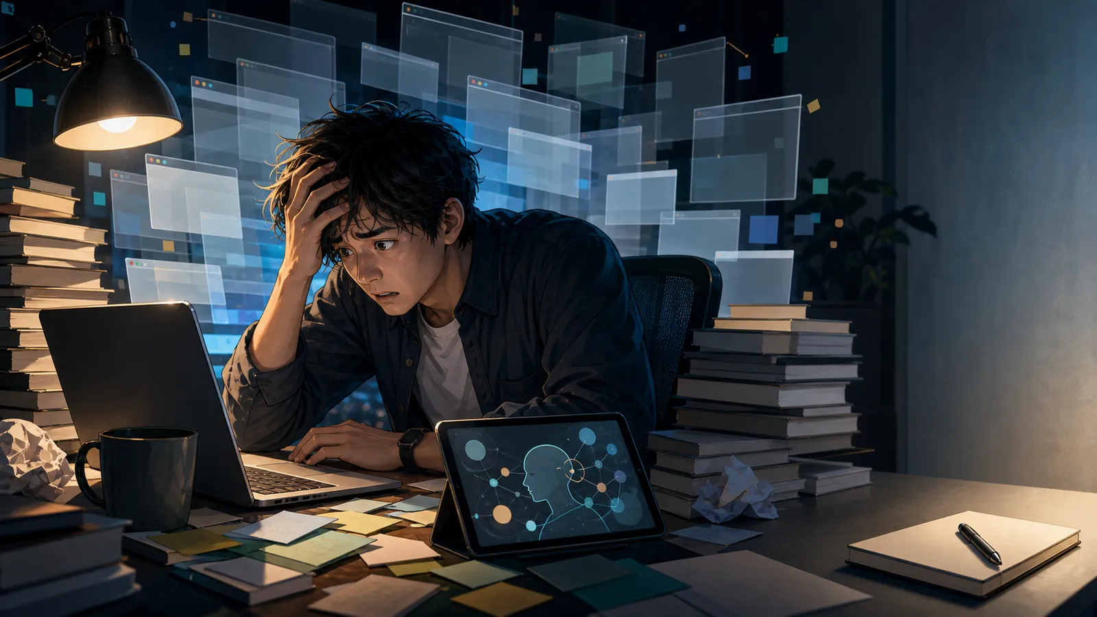 夜の学習机で大量のAI関連情報に囲まれ、何から学ぶか迷って焦るエンジニア