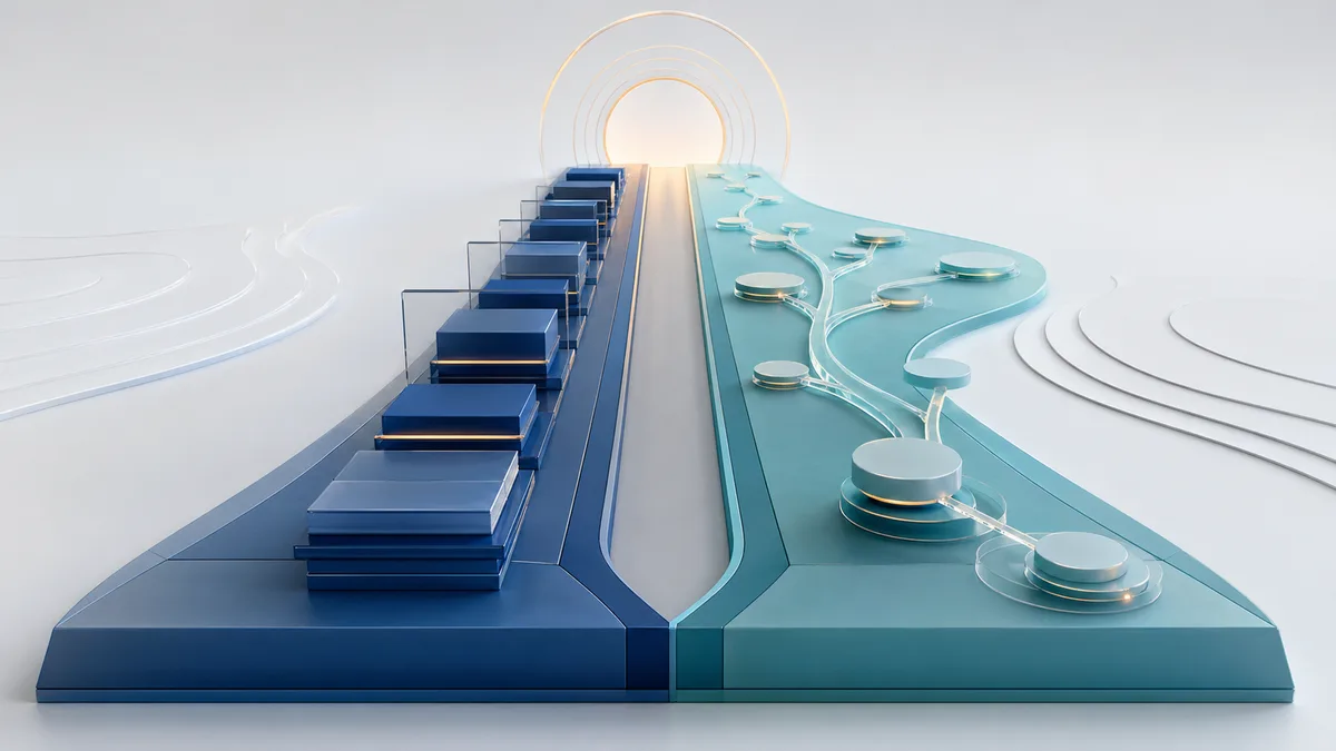 広く集めた情報を次の1年で狙う役割に合わせて二つの学習レーンへ絞り込む抽象イメージ