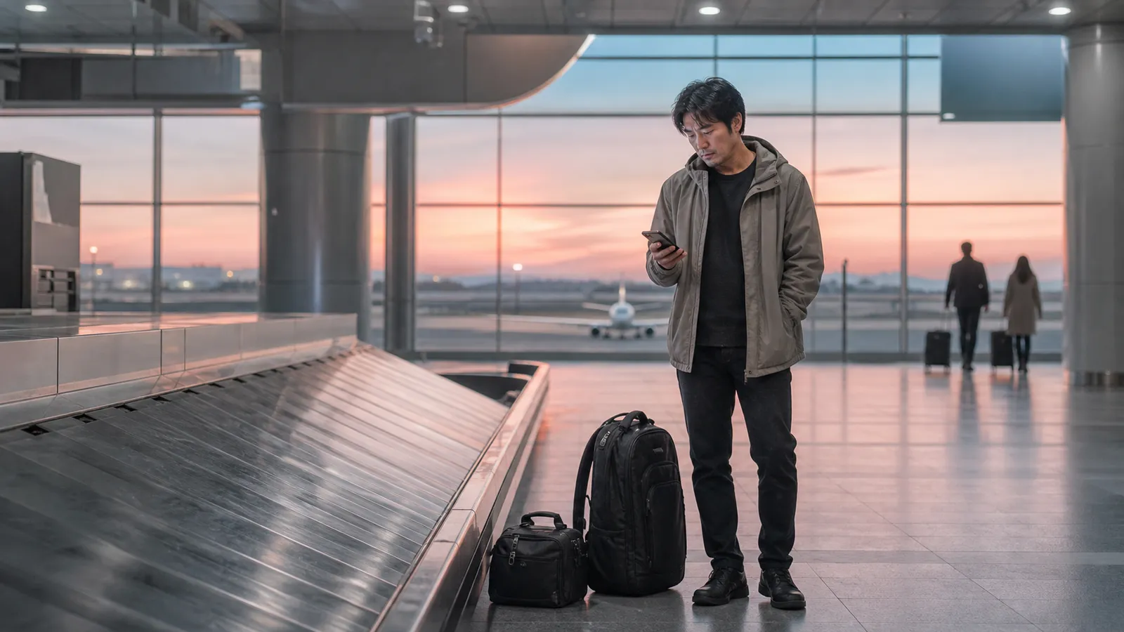 夜明け前の空港ロビーで機材バッグを足元に置き、月額は高いが夜間対応の多い案件への返事を前に疲れた表情で立ち止まるエンジニア