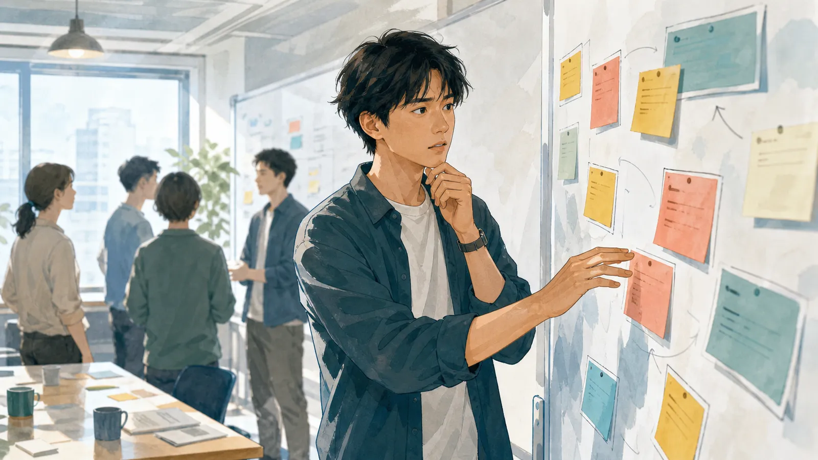 ホワイトボード前で複数のタスクカードを前にどれを拾うか迷うエンジニアのイラスト