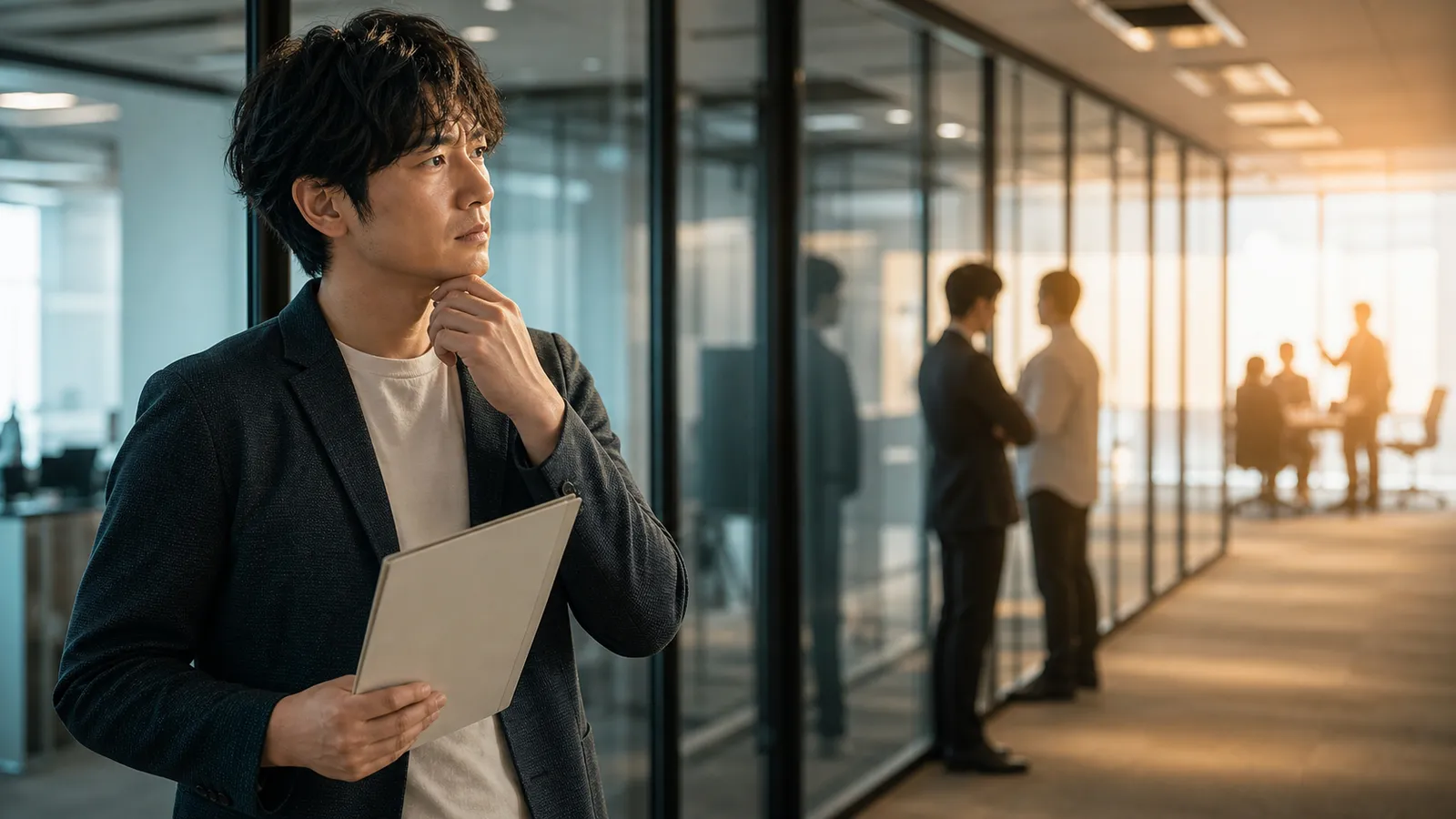 ガラス越しに遠い商談を見ながら、自分の価値がどこで届くか考えるエンジニア