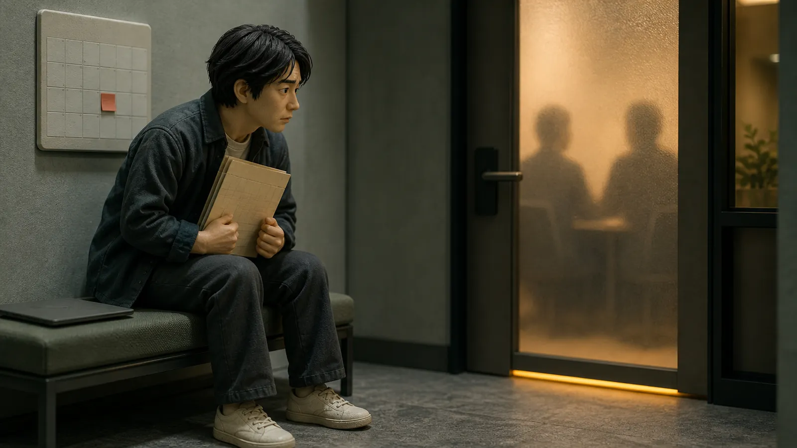 契約更新の面談室前で資料を抱え、言い出す内容を考えながら待つエンジニア