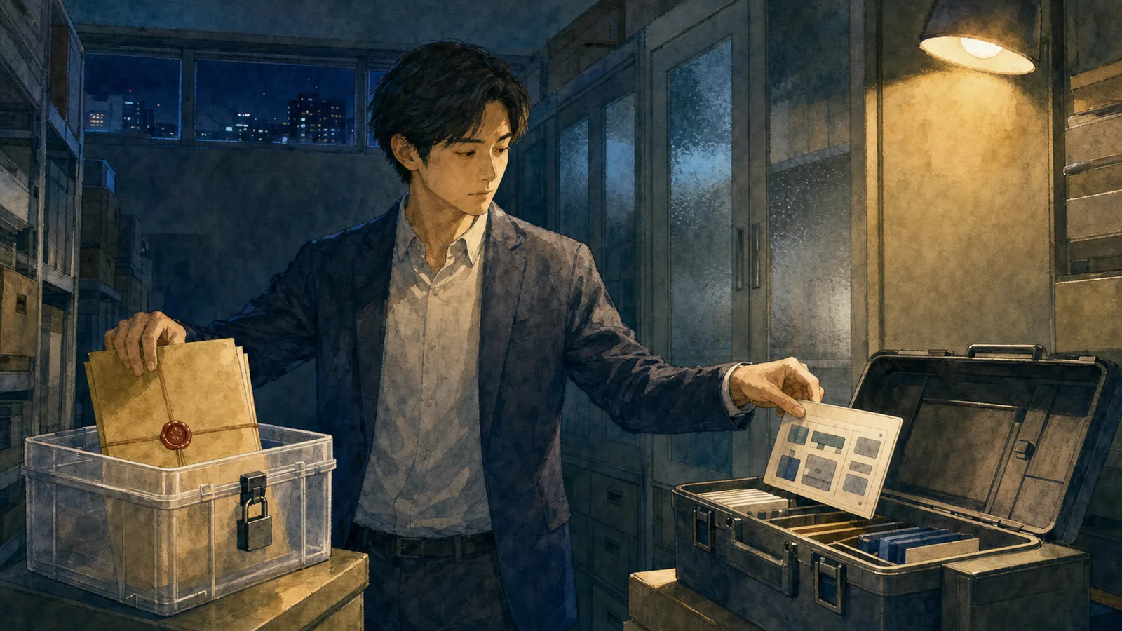 夜の資料アーカイブ室で顧客固有の封筒と再利用できる道具を分けているエンジニア