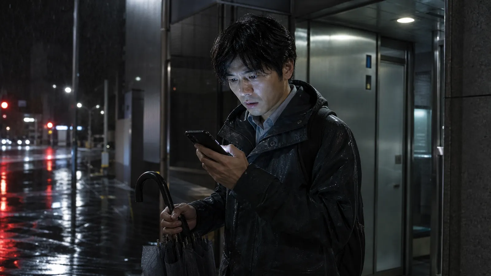 雨の夜に入金がないことをスマートフォンで知り、緊張した表情を見せるフリーランス