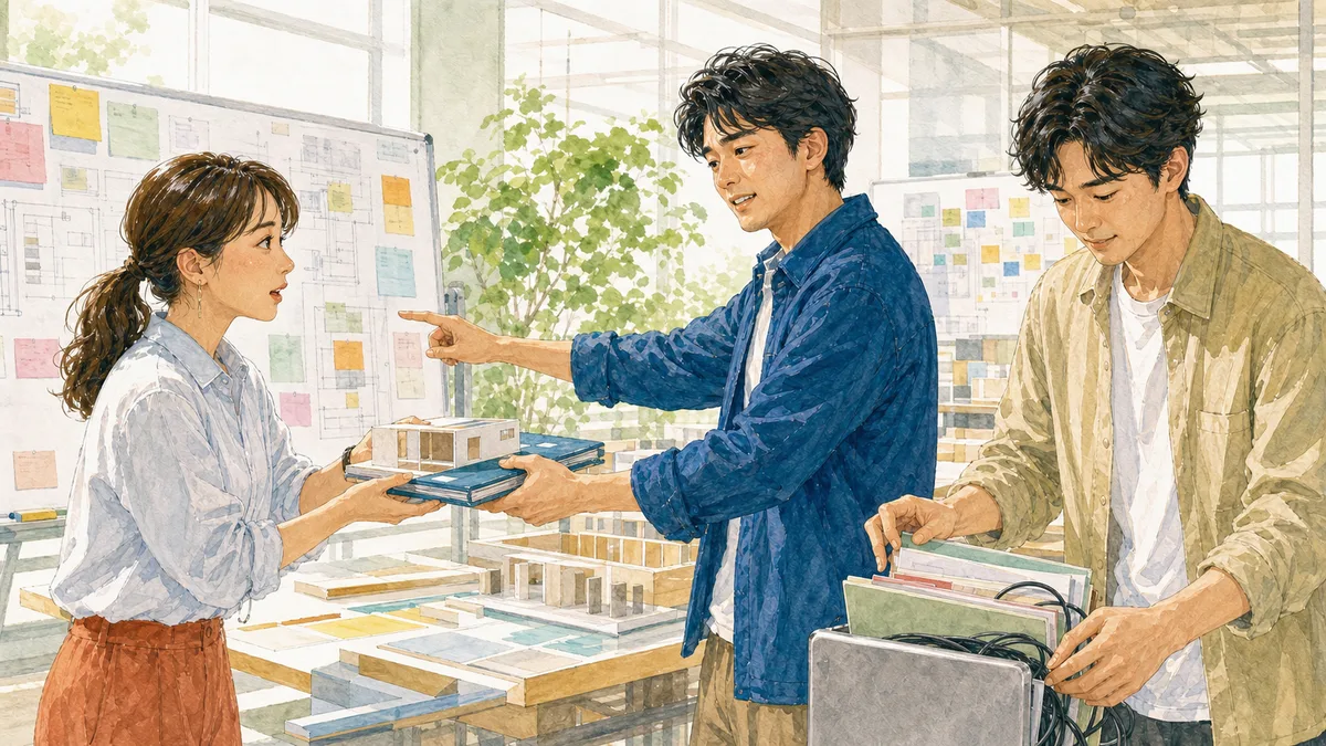 同じ共同作業スペースで、仕事の目的を説明しながら小さな作業を仲間へ手渡し、別の仲間も残りの仕事を整理するイラスト