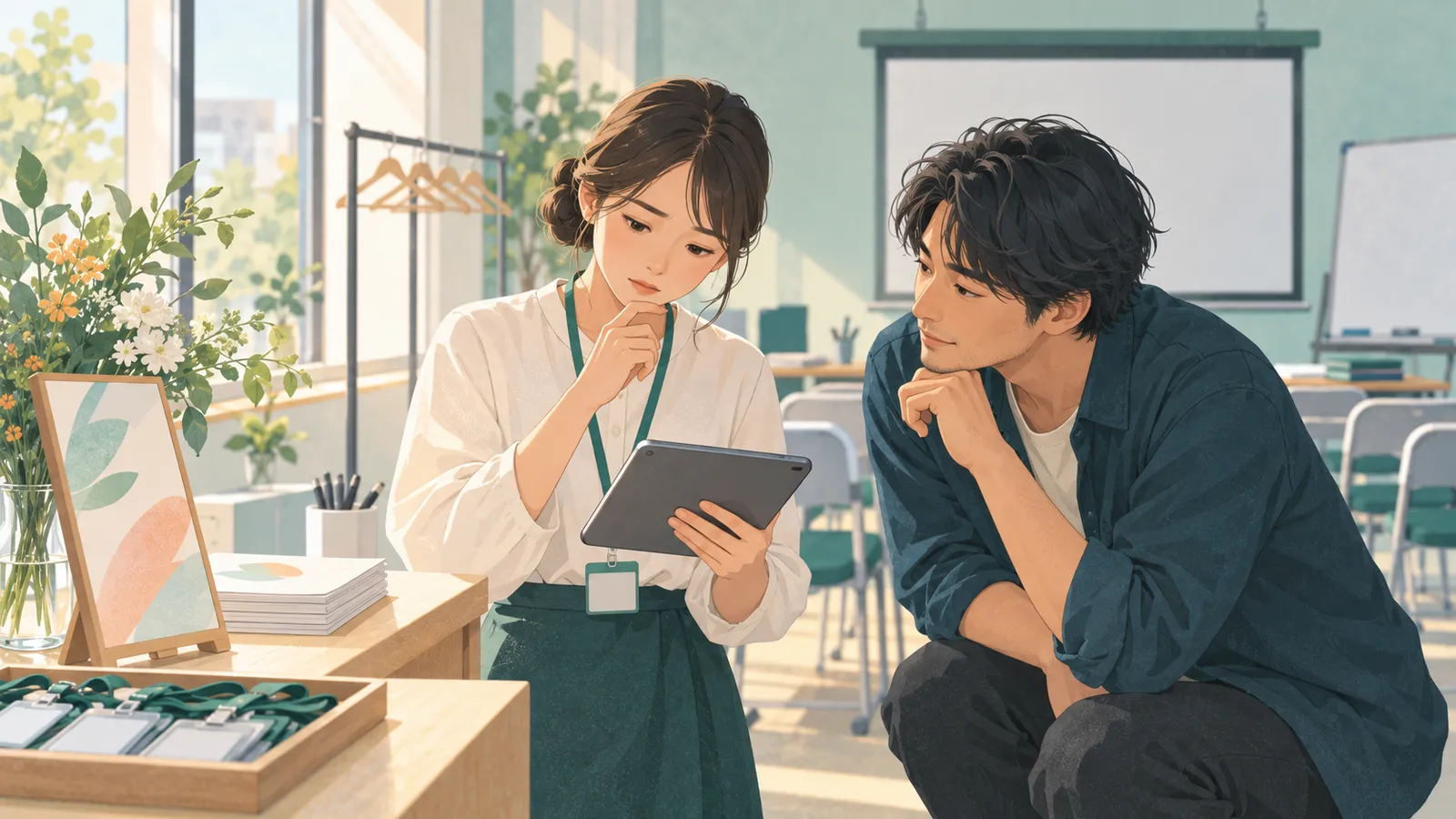 イベント準備中の教室で、運営担当者が確認用の一覧を使おうとして手を止め、隣のエンジニアが同じ目線で操作と仕事の流れを確かめるイラスト