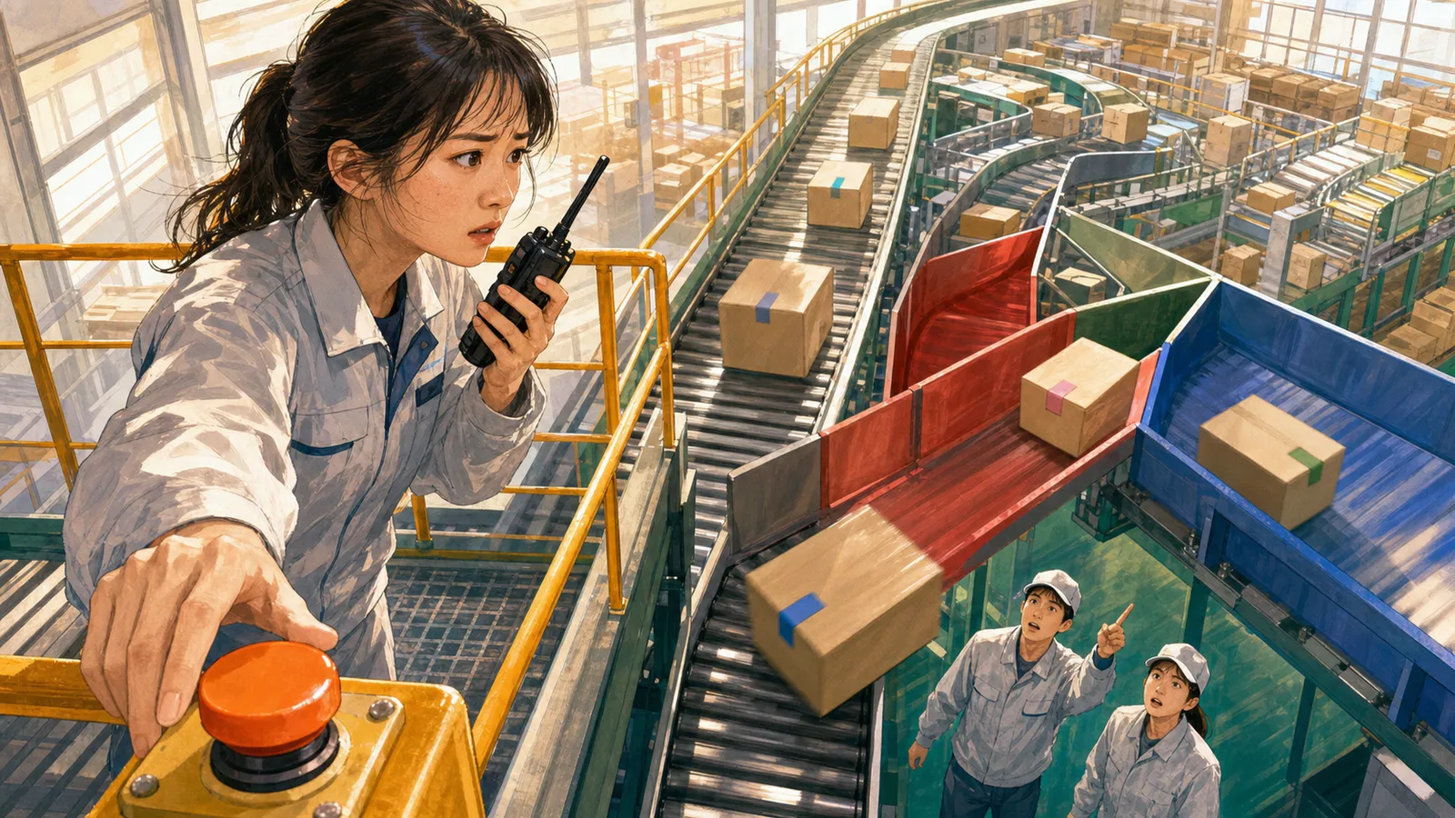 明るい物流倉庫で荷物が誤ったレーンへ流れるのを見つけ、停止ボタンと無線連絡の間で緊張する技術者のイラスト