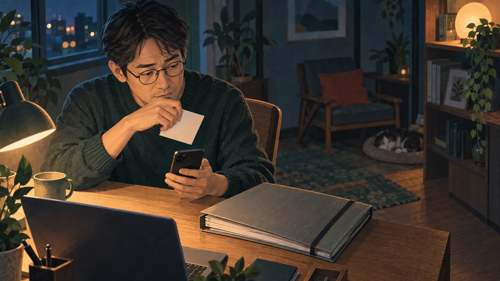 夜の仕事場で一人の開発者が相談文を送る前にためらい、共有しない顧客資料を閉じて、短い相談メモだけを手元に残しているイラスト