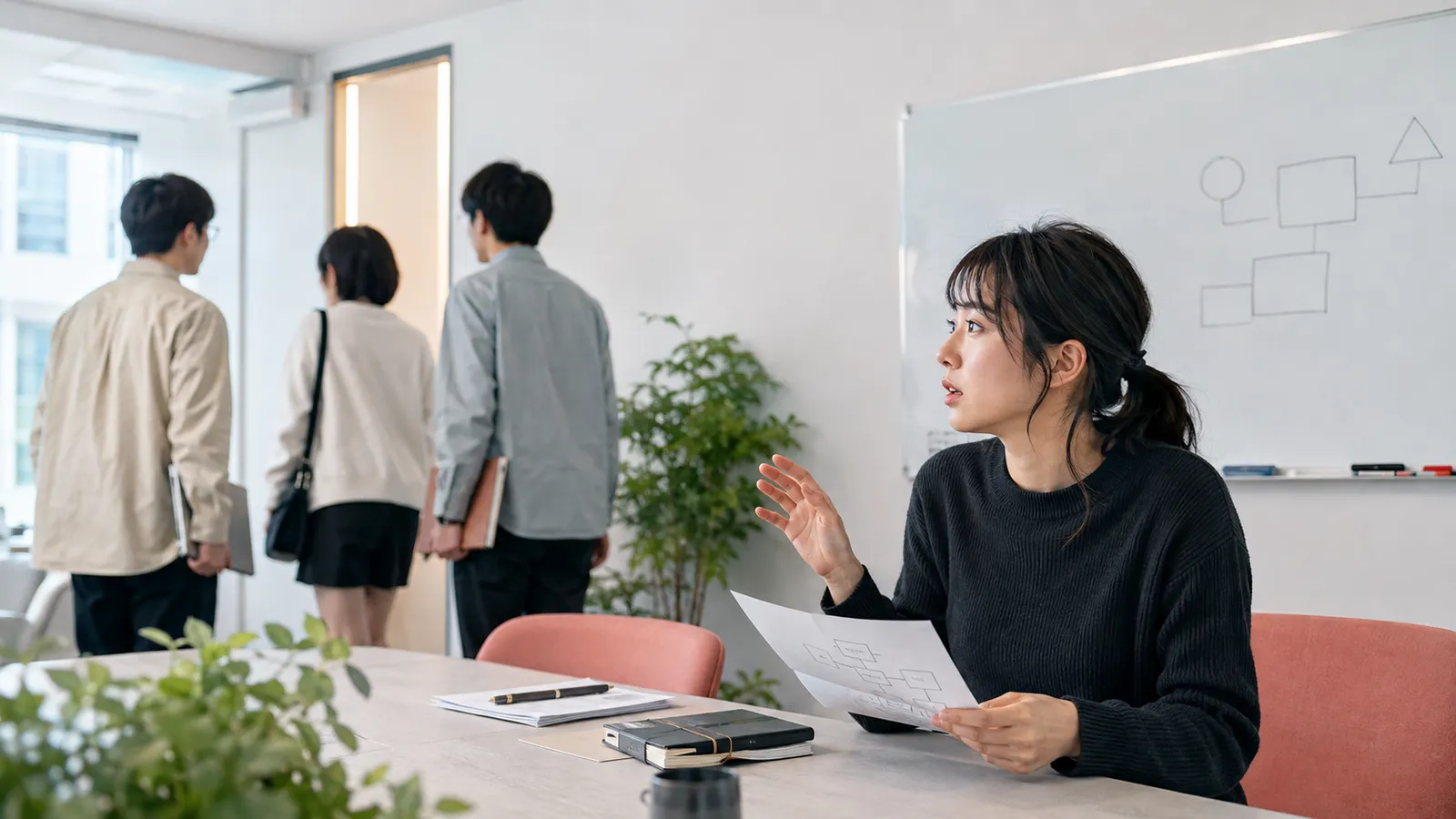 会議が終わりメンバーが席を立つ中、言い出せないまま手を上げかけているフリーランスのエンジニア