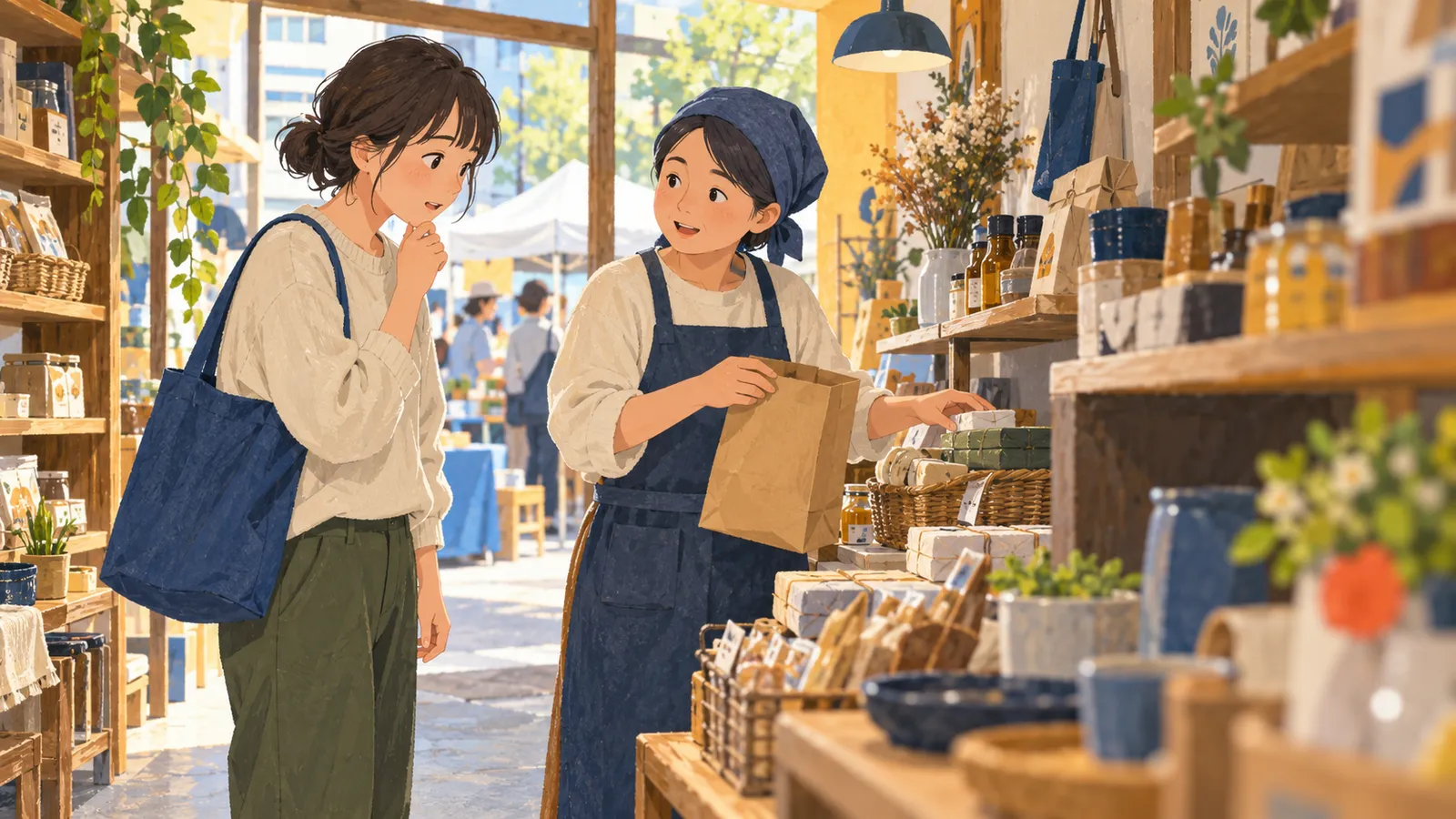 小さな商店の公開イベントで、開発者が少し緊張しながら店主の品出しの話を聞き、相手の仕事へ関心を向けるイラスト