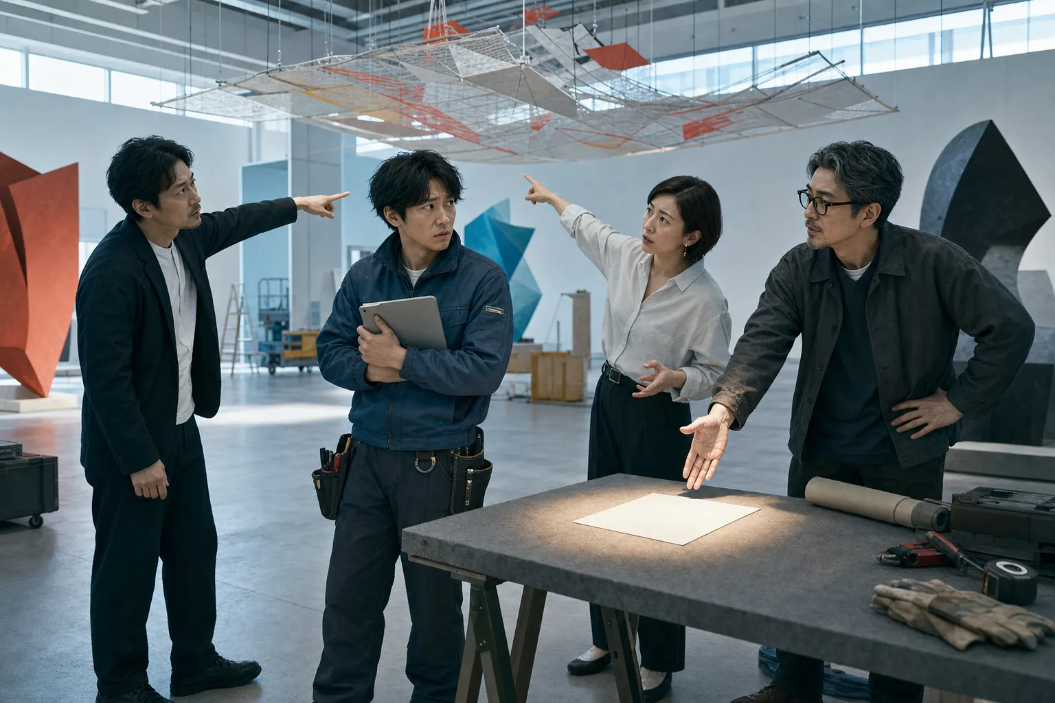美術館の展示設営中、三方向から異なる指示を受けて戸惑う技術者と、判断を一枚の紙に集め始めた関係者たちのイラスト