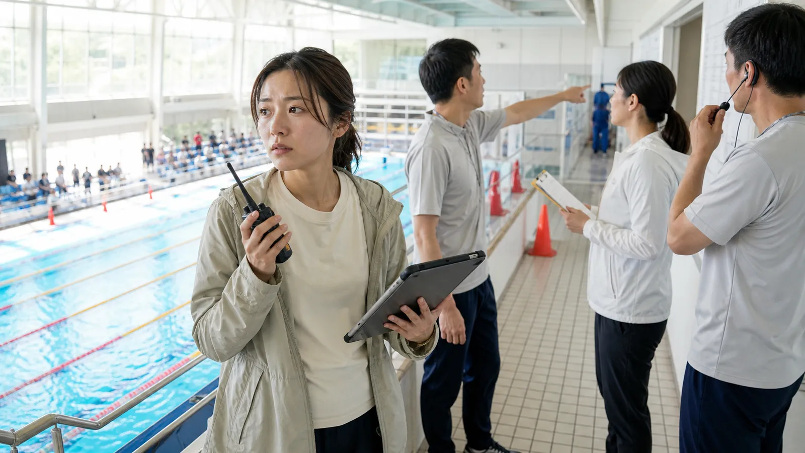 市民プール大会の運営席で実装端末と複数の調整依頼を抱え、返事の手が止まるエンジニア