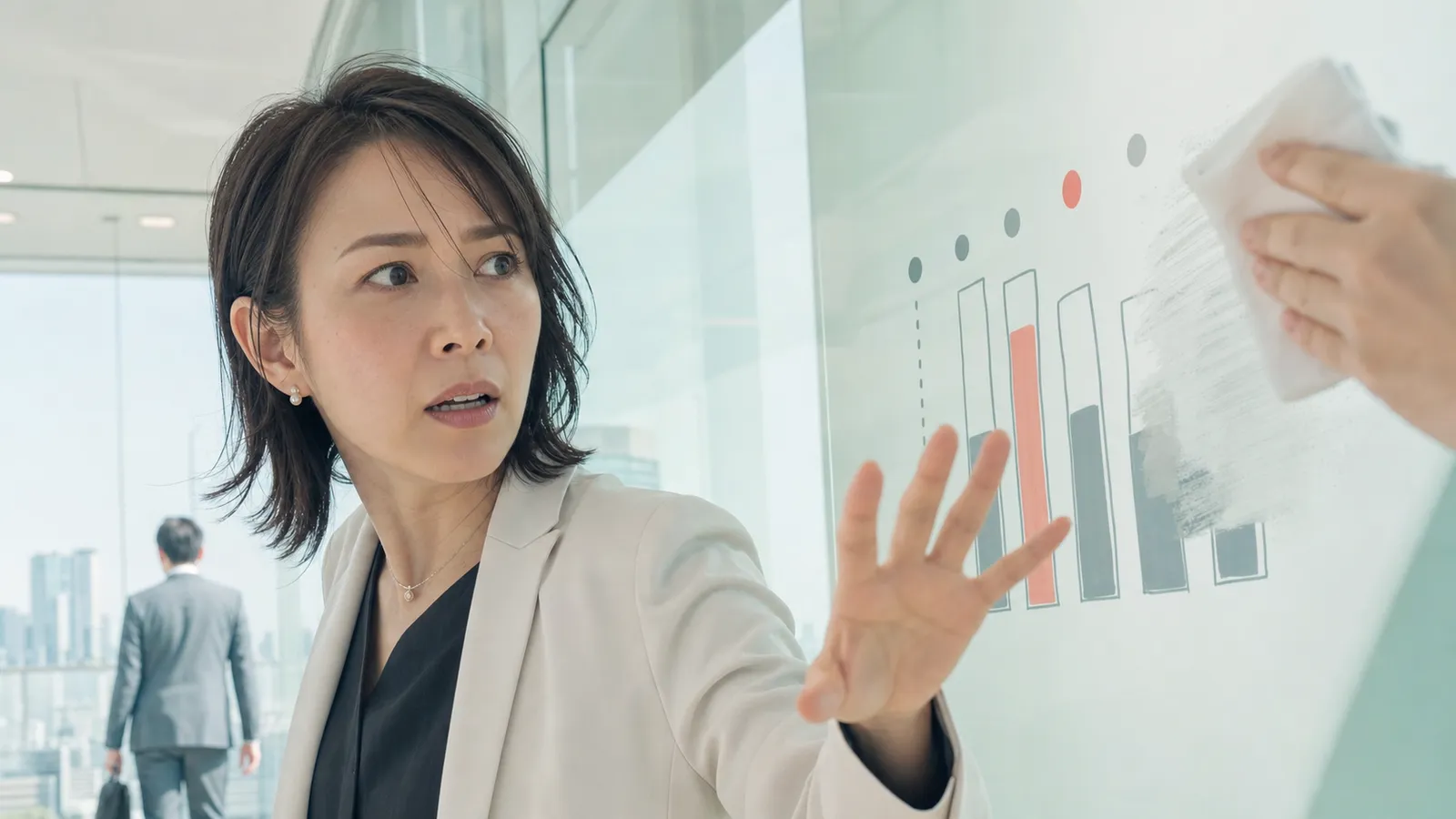 案件終了後の明るい会議室で、消されかけた成果の記録に気づき振り返るエンジニアと、安堵して退室する依頼者