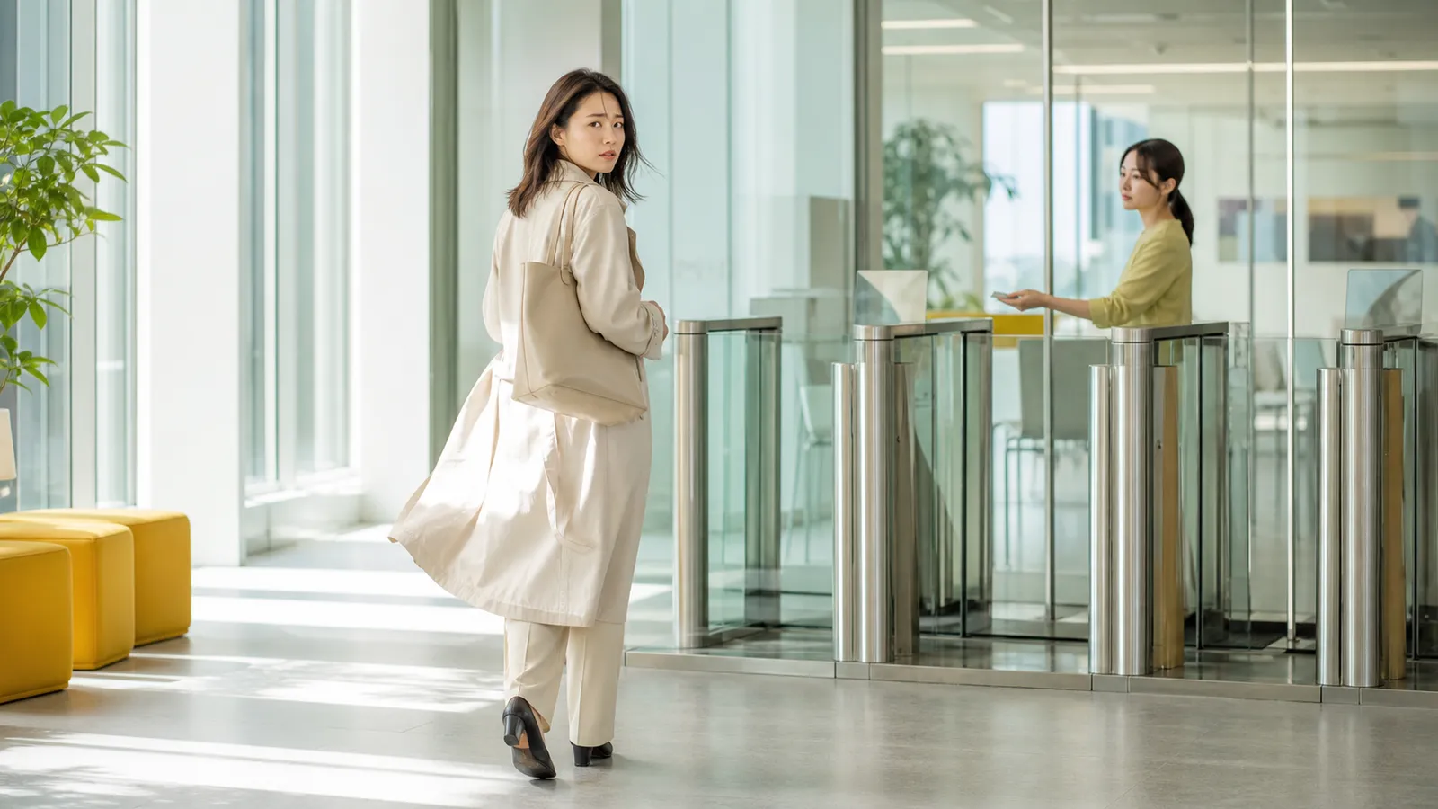 最終出社日の明るいオフィスロビーで入館証を返し、実績を残せなかったことに気づいて立ち止まるエンジニア