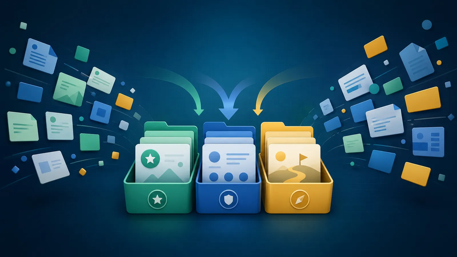 情報資産が3つの保管箱に整理される抽象図