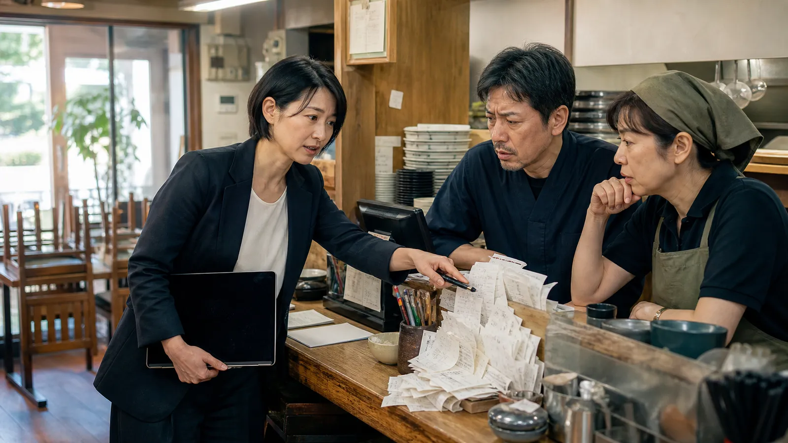 飲食店の予約票を前に、伝わらなかった機能説明を現場の困りごとへ結び直す提案者と店の担当者