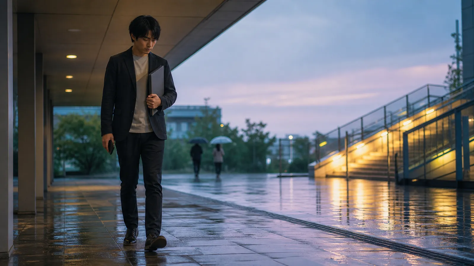 雨上がりの夕方、見送り通知を受けたフリーランスが提案資料を抱え、明るい階段の方へ一歩踏み出す様子