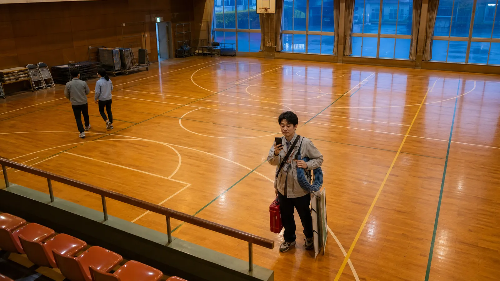 撤収後の体育館で機材とケーブルを抱え、増えた仕事を同じ単価で続ける更新連絡を見て立ち止まるエンジニア