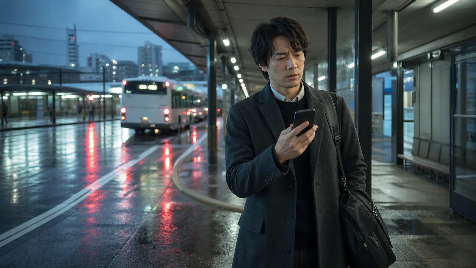 雨のバスターミナルで好条件の案件連絡を読み、安堵しながらも違和感に足を止めるエンジニア