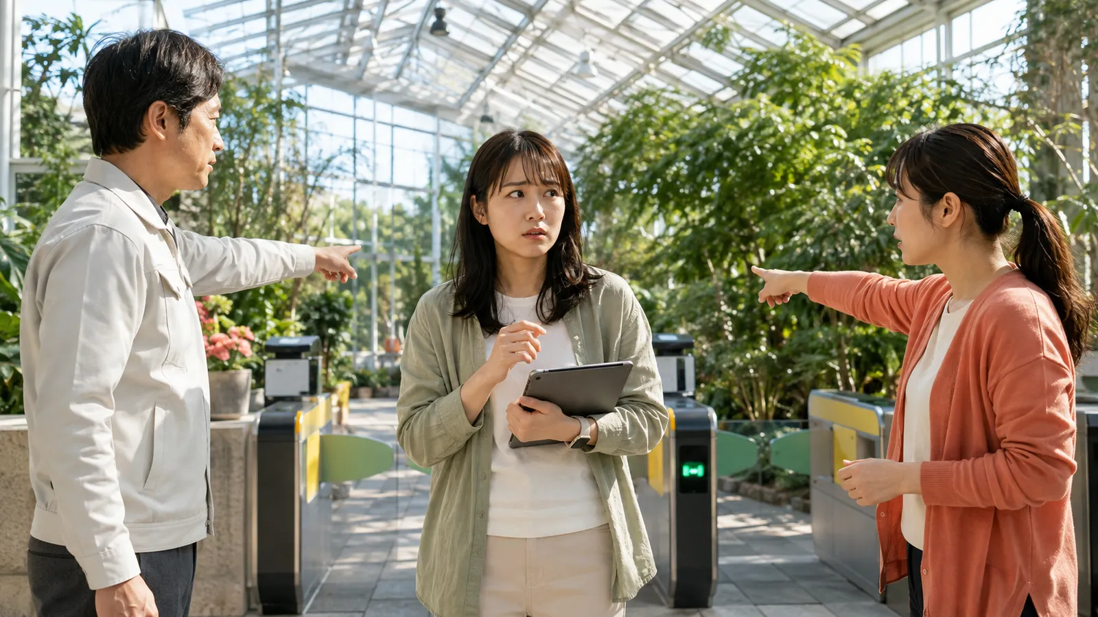植物園の開園前、異なる指示を出す二人の間でタブレットを抱え、判断できずに立ち止まるエンジニア