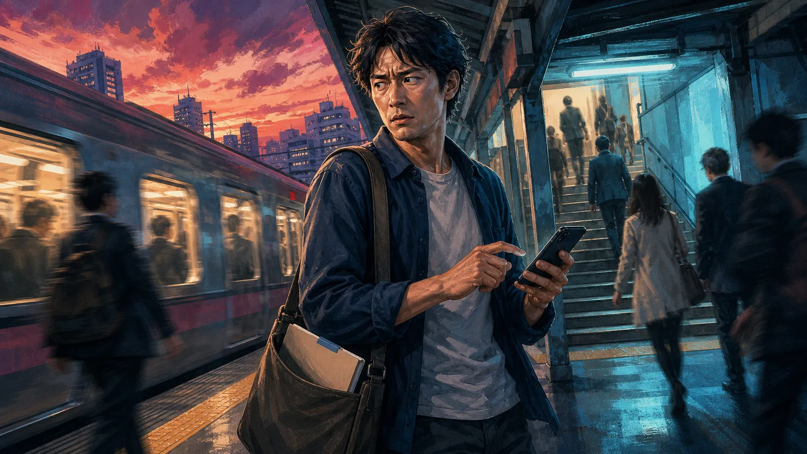 夕方の駅で帰宅列車と仕事へ戻る階段の間に立ち、届いた依頼への返信をためらうフリーランスのイラスト