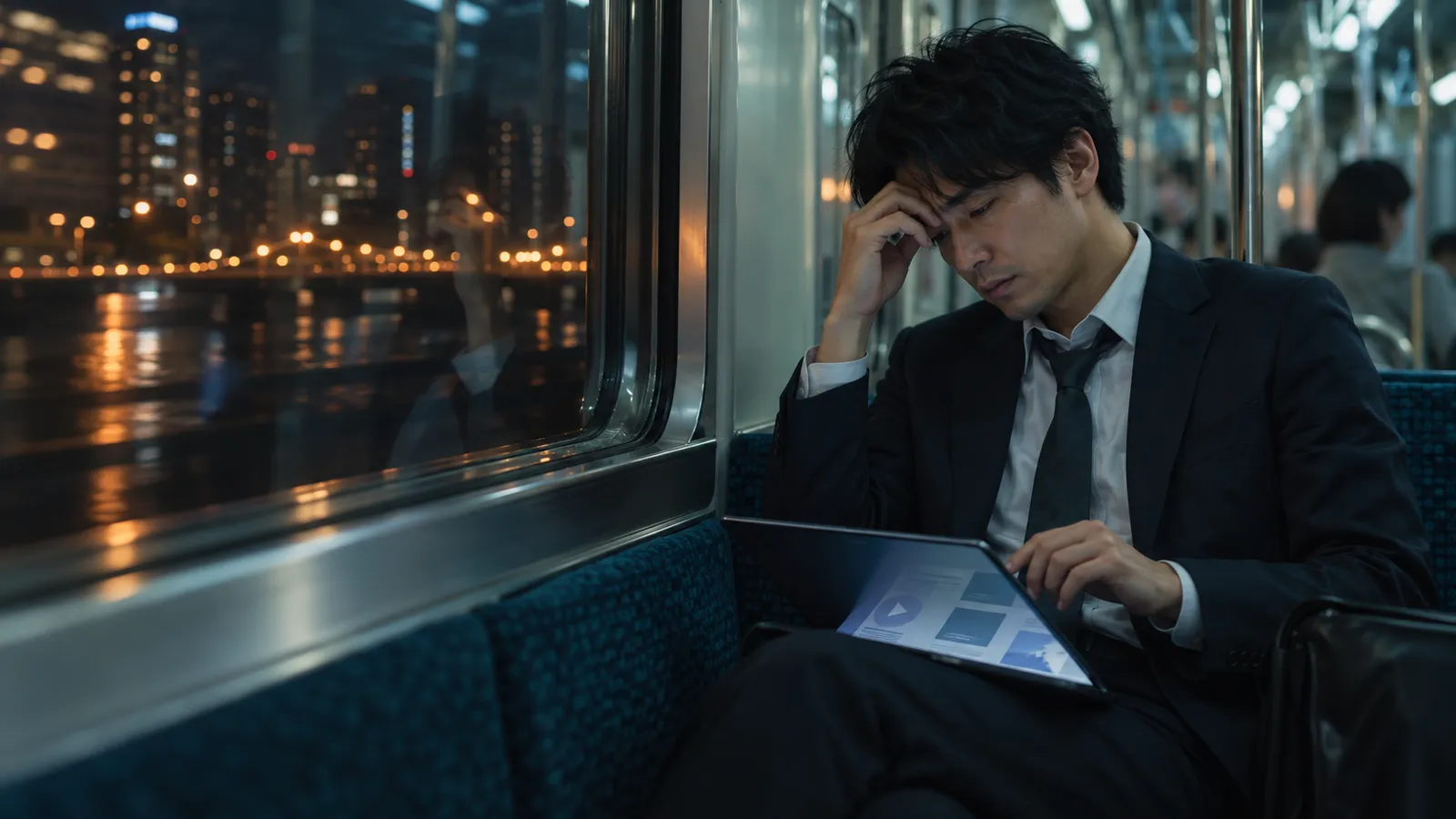 夜の通勤電車で学習用タブレットを閉じかけ、疲れた表情でこめかみに手を当てるエンジニア