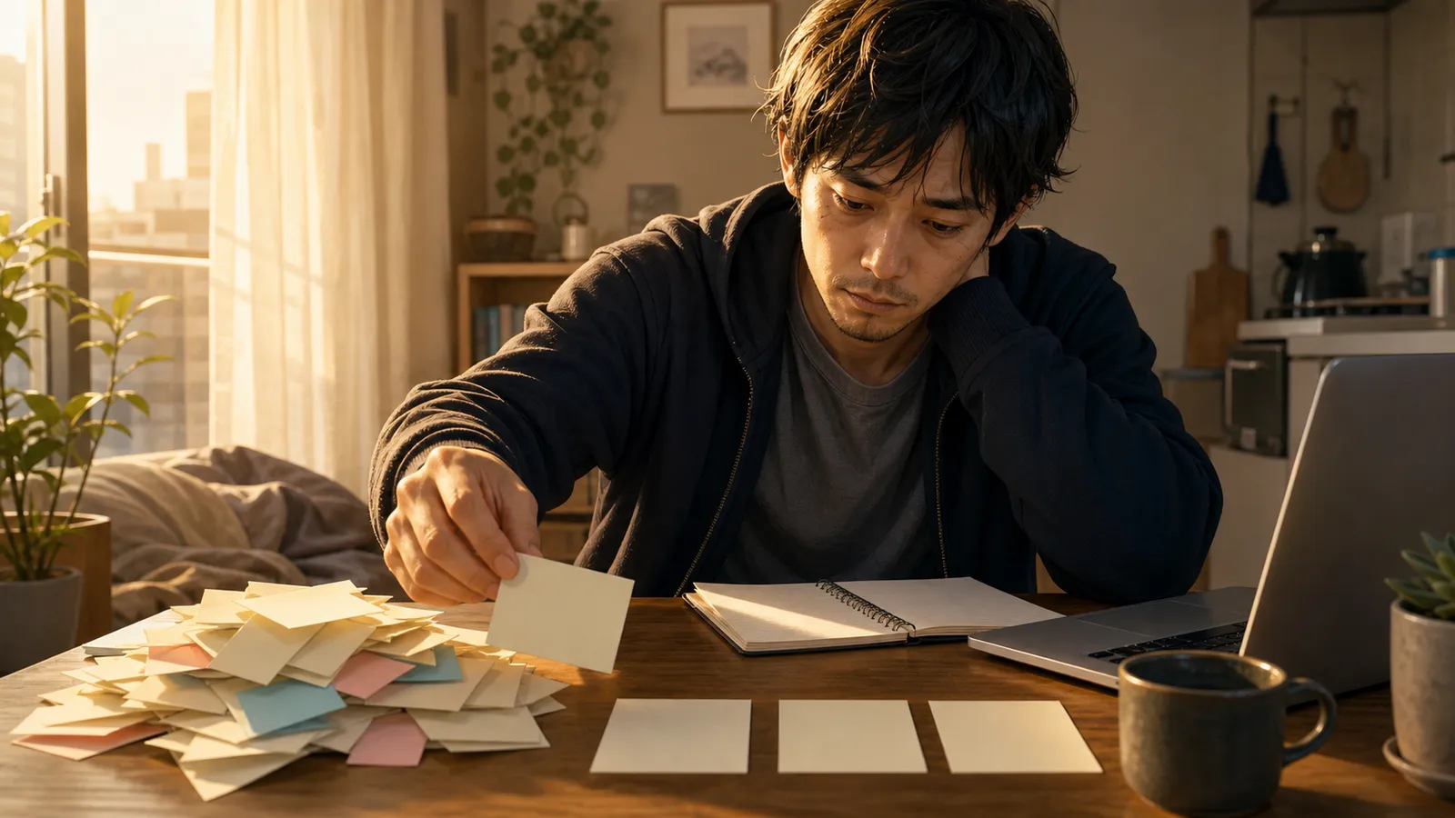 早朝の部屋で疲れたエンジニアが学習計画と仕事量を見直しているイラスト