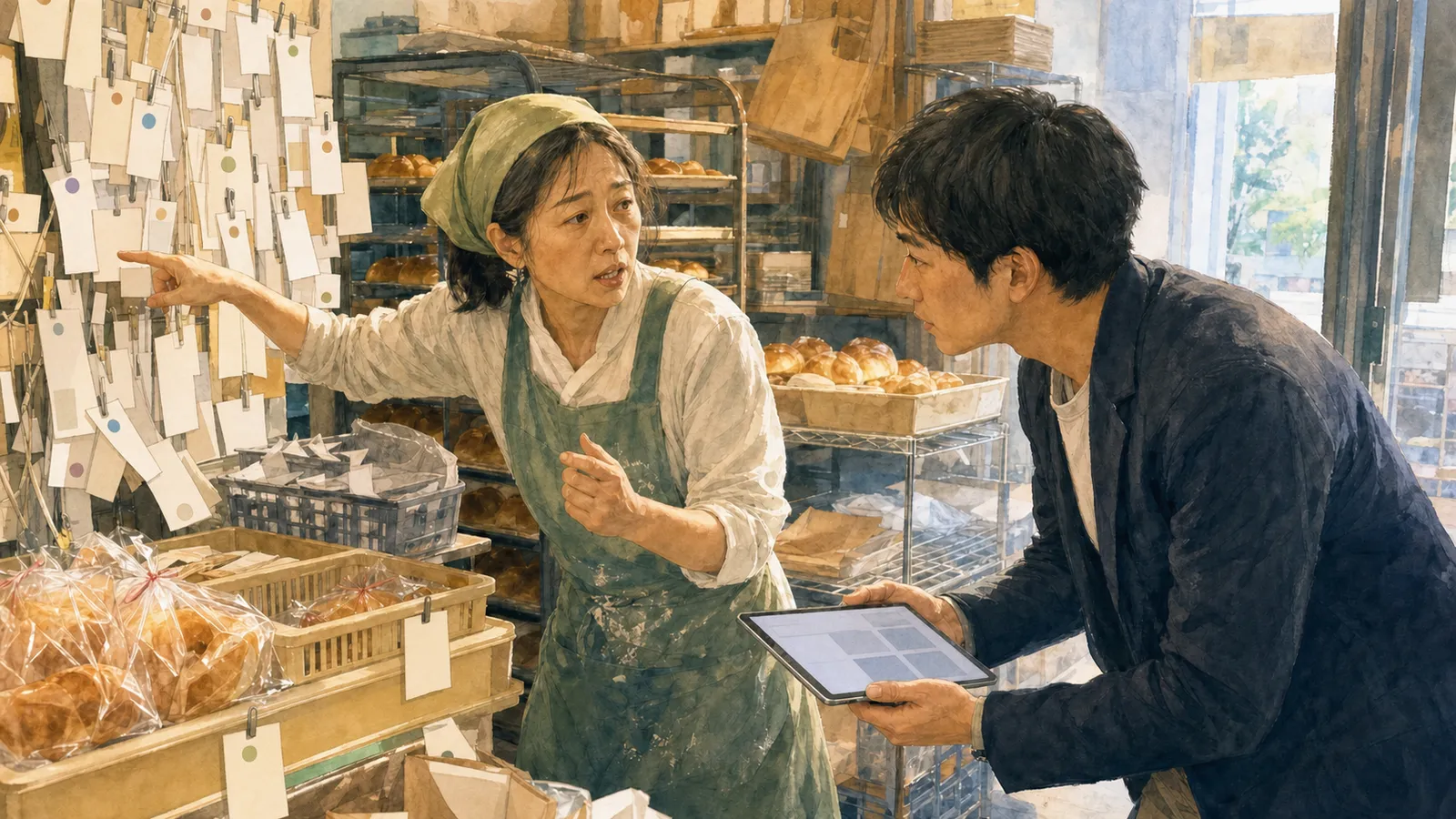 早朝のパン店で、注文票が詰まる現場を指す店主の話を、説明用端末を下ろした技術者が身を乗り出して聞くイラスト